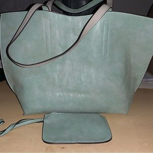 Light green tote with wristlet